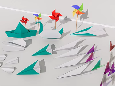 Colorful Origami Crafts Including Paper Boats Cranes Planes And Pinwheels 3d model