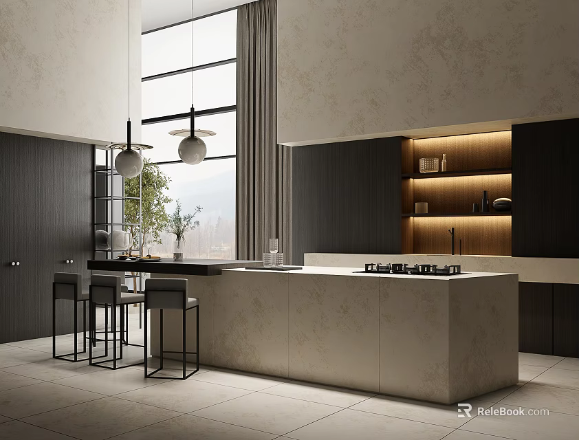 Modern Restaurant Kitchen Interior With Large Window Pendant Lights Island Counter And Black Cabinets 3d model 
