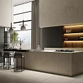 Modern Restaurant Kitchen Interior With Large Window Pendant Lights Island Counter And Black Cabinets
