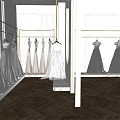Elegant Bridal Shop Interior With White Wedding Dresses On Gold Hangers And Herringbone Wooden Floor