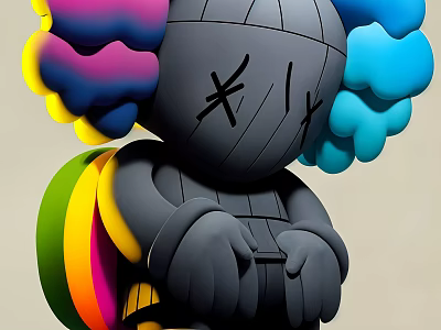 Modern Art Sculpture With Gray Body Colorful Fluffy Hair And Crossed Lines Face 3d model