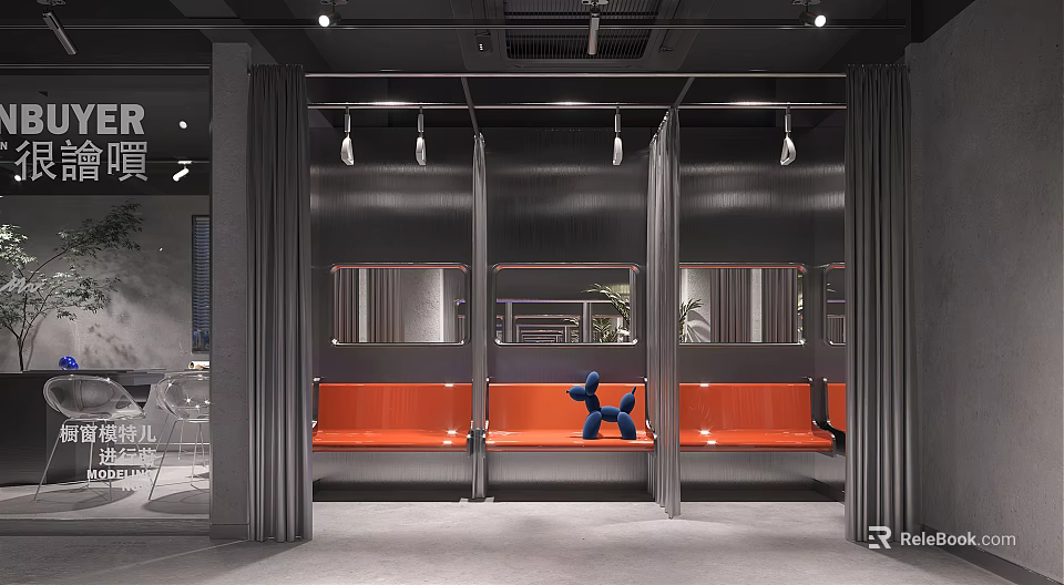 Modern Lounge Interior Design With Gray Partitions Orange Benches And Blue Dog Figure 3d model 