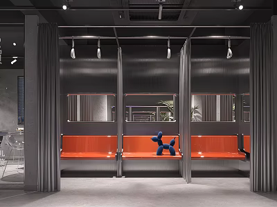 Modern Lounge Interior Design With Gray Partitions Orange Benches And Blue Dog Figure 3d model