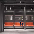 Modern Lounge Interior Design With Gray Partitions Orange Benches And Blue Dog Figure