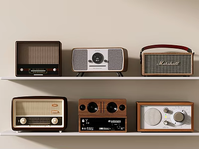Vintage Retro Audio Speakers On Wooden Shelves With Various Designs And Styles 3d model