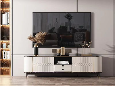 Modern White Gold TV Stand With Storage Drawers And Decorative Ornaments 3d model