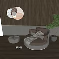 Modern Round Single Sofa Brown Gray with Cushions Blanket Decorative Painting Green Plant Ottoman