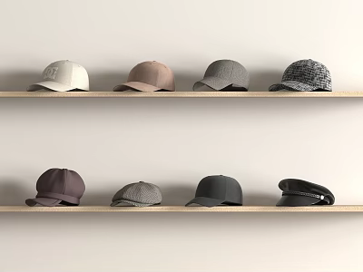 Different Style Hats in Various Colors Displayed on Wooden Shelves 3d model