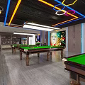 Modern Billiard Room Interior With Green Pool Tables Colorful Lighting And City Night View