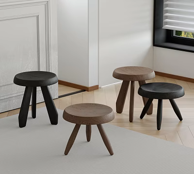 Four Modern Wooden Stools With Three Legs Black And Brown In Minimalist Indoor Living Space 3d model