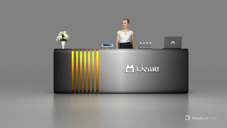 Modern Black Reception Desk With Yellow Stripes Company Logo And White Flower Vase 3d model 