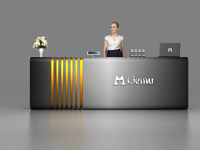 Modern Black Reception Desk With Yellow Stripes Company Logo And White Flower Vase 3d model