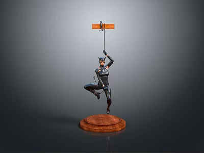 Woman Statue In Cat Ear Headwear Single Leg Stance Holding Hanging Tool On Round Base 3d model