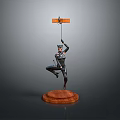Woman Statue In Cat Ear Headwear Single Leg Stance Holding Hanging Tool On Round Base