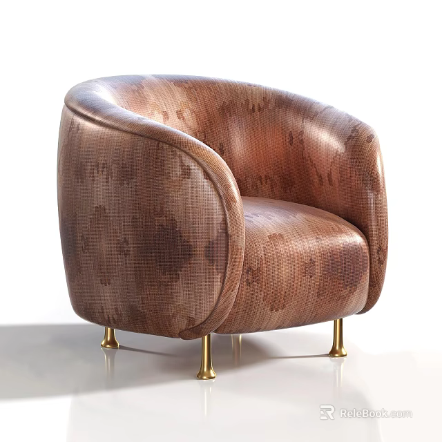 Elegant Single Sofa With Brown Patterned Fabric Rounded Armrests And Gold Metal Legs 3d model