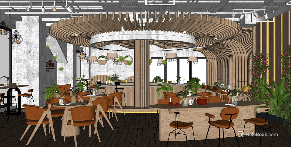 Modern Café Interior Design With Circular Wooden Ceiling Green Plants Tables And Chairs 3d model 