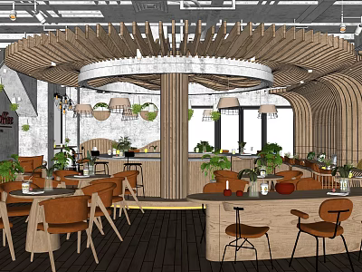 Modern Café Interior Design With Circular Wooden Ceiling Green Plants Tables And Chairs 3d model