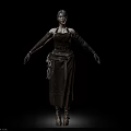 Woman Wearing Brown Long Dress Long Sleeves Decorative Belt and Brown Boots on Black Background