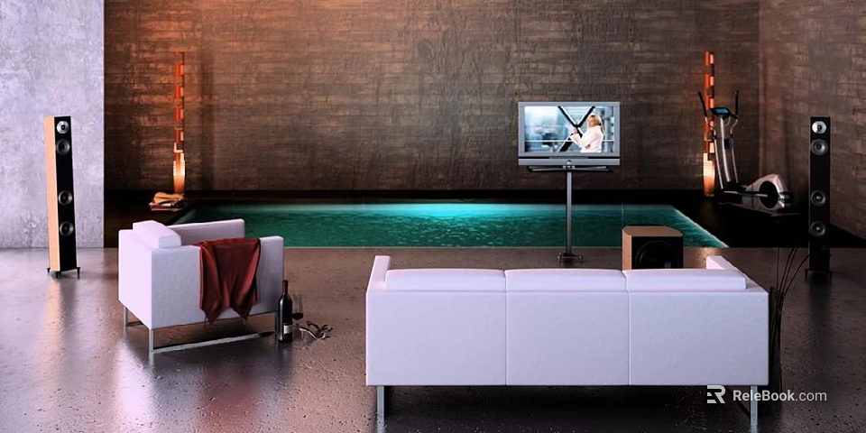 Modern Industrial Living Room With White Sofas Floor Standing TV And Stylish Indoor Water Feature 3d model 