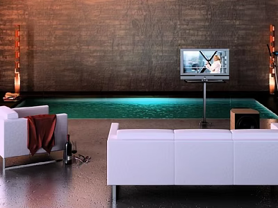 Modern Industrial Living Room With White Sofas Floor Standing TV And Stylish Indoor Water Feature 3d model