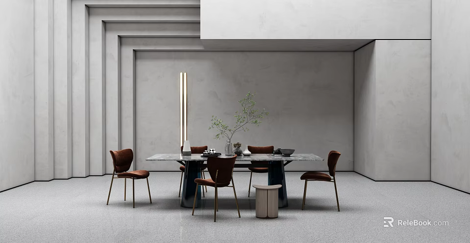 Rectangular Dining Table Set With Four Brown Chairs Gray Interior Green Plant And Floor Lamp 3d model