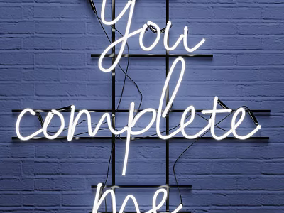 White Neon Decorative Light with You Complete Me on Blue Brick Wall and Black Frame 3d model