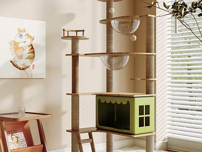 Multi level Indoor Cat Tree With Green House Platforms Ball Toy And Rattan Structure 3d model