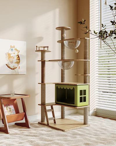 Multi level Indoor Cat Tree With Green House Platforms Ball Toy And Rattan Structure 3d model