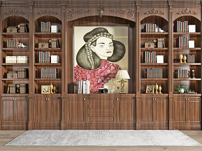 Vintage Dark Brown Wooden Bookcase With Books Decorations Large Portrait Painting Cabinets And Light Rug 3d model