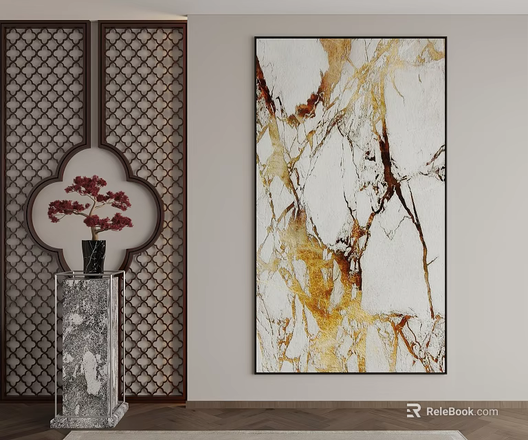 Abstract Modern Landscape Painting With Golden White Brown Marble Texture And Natural Patterns 3d model 