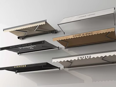 Foldable Outdoor Awnings With Scalloped Edges Black Gold Silver Colors And Coffee Text 3d model
