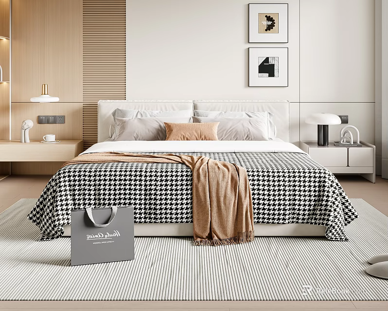 Modern Double Bed With Black White Checkered Quilt Brown Blanket Bedside Tables And Wall Paintings 3d model 