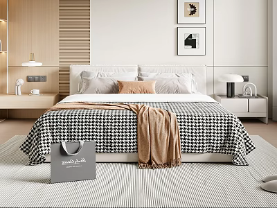 Modern Double Bed With Black White Checkered Quilt Brown Blanket Bedside Tables And Wall Paintings 3d model