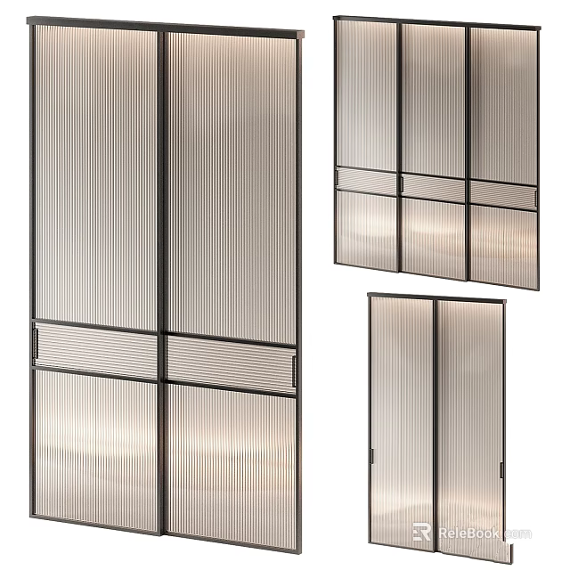 Modern Glass Room Dividers with Vertical Stripes and Metal Frame for Interior Space Partition 3d model 
