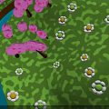 Spring Natural Scene With Pink Cherry Blossoms Green Grass White Small Flowers And Blue River