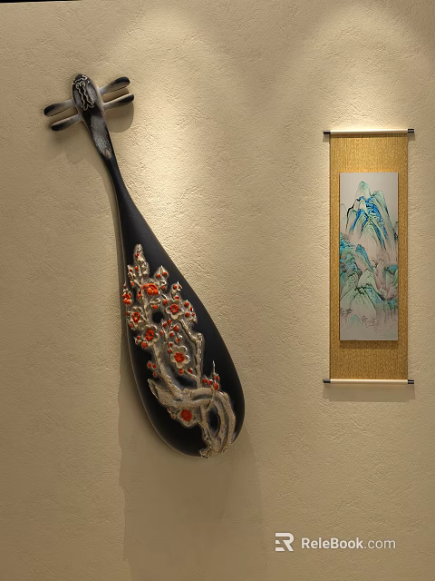 Black Wall Hanging With Red Plum Blossom Design And Landscape Scroll On Light Colored Wall 3d model 
