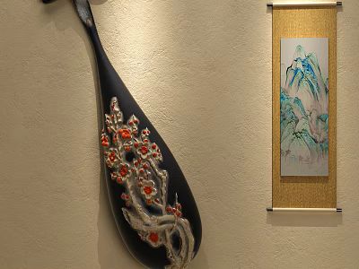 Black Wall Hanging With Red Plum Blossom Design And Landscape Scroll On Light Colored Wall 3d model