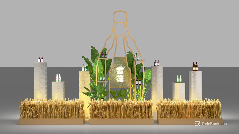 Decorative Scene With Bottle Shaped Frame Green Plants Straw Piles Columns Bottles And Snow Sign 3d model 