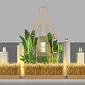 Decorative Scene With Bottle Shaped Frame Green Plants Straw Piles Columns Bottles And Snow Sign