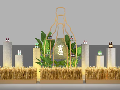 Decorative Scene With Bottle Shaped Frame Green Plants Straw Piles Columns Bottles And Snow Sign 3d model