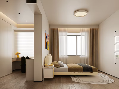 Modern Kids Room Interior With Bed Desk Rug Wall Art And Ceiling Lamp 3d model
