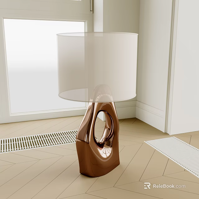 Modern Table Lamp With White Lampshade And Brown Geometric Base In Room Corner 3d model 