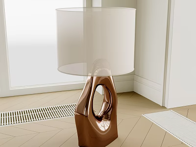 Modern Table Lamp With White Lampshade And Brown Geometric Base In Room Corner 3d model
