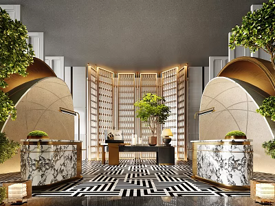 Modern Luxury Hotel Lobby Interior With Marble Reception Desks And Warm Lit Decorative Partition Screens 3d model