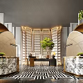 Modern Luxury Hotel Lobby Interior With Marble Reception Desks And Warm Lit Decorative Partition Screens