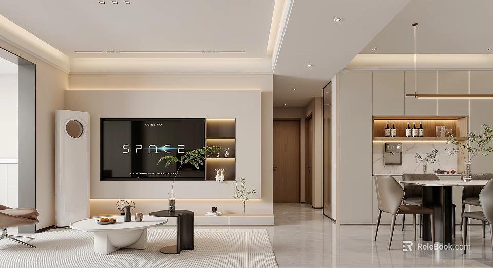 Modern Minimalist Open Living And Dining Room With Warm Ambient Lighting And Neat Functional Layout 3d model 