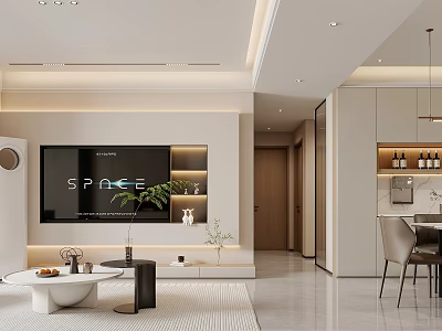 Modern Minimalist Open Living And Dining Room With Warm Ambient Lighting And Neat Functional Layout 3d model