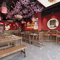 Traditional Hotpot Restaurant Interior With Red Walls Pink Cherry Blossom Decor And Chinese Style Tables