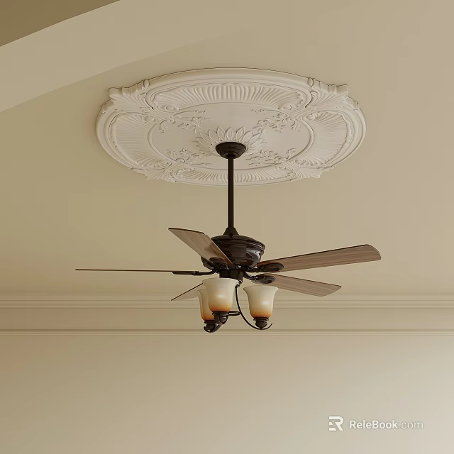 Traditional Decorative Ceiling Fan Light with Blades and Glass Lamp Shades and Ornate Medallion 3d model 