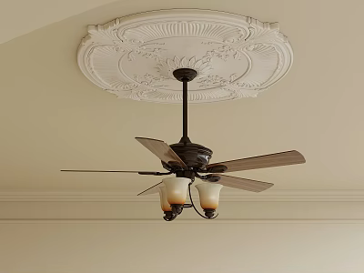 Traditional Decorative Ceiling Fan Light with Blades and Glass Lamp Shades and Ornate Medallion 3d model